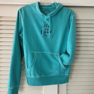 Life is Good Retro Hooded Fleece Sweatshirt Pullover Turquoise/Aqua Hoodie Top S
